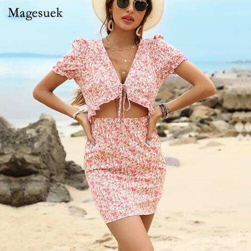 Beach Style Casual Floral Print Dress Women Holiday Pencil Dress Summer Hollow Out Lace-Up Zipper Short Sleeve Dresses 14976