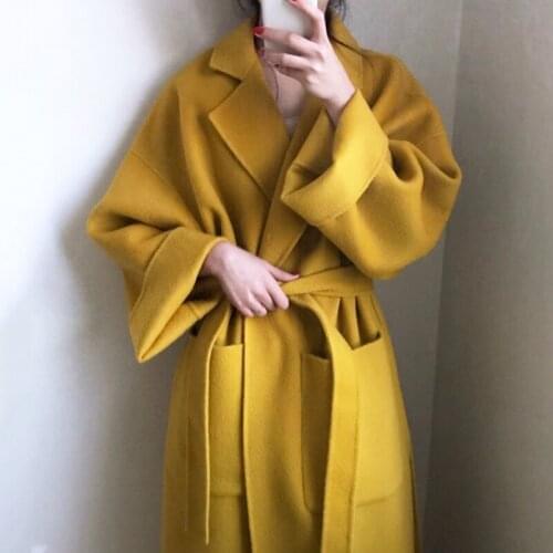 Korean Style Chic Wool Coat Women Autumn Winter Elegant Turn Down Collar Long Woolen Coats Ladies Bandage Belt Blends Outwear