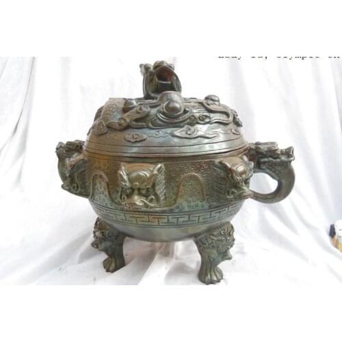 11 Inch China bronze copper carved nine dragon Incense Burner Sculpture Statue