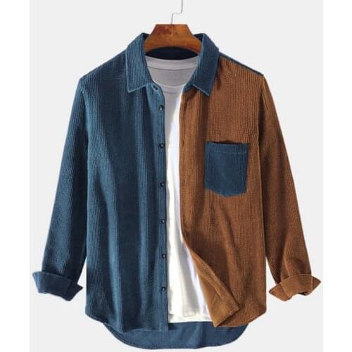 2021 Autumn Corduroy Shirt For Mens Patchwork Corduroy Jacket Contrast Color Lapel Long Sleeve Shirts With Pocket Casual Shirt