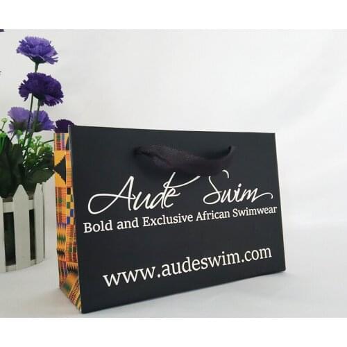 500Pcs/Lot Custom Logo Printed Black Clothing Packaging Paper Bags with Ribbon Handle New Design Luxury Bag for Swimwear Gifts