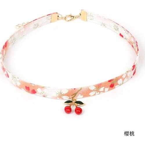 DoreenBeads Japanese Floral Printed Choker Necklace for Women Girls Accessories Harajuku Sakura Pink Tassel Fan Pendant,1 Piece