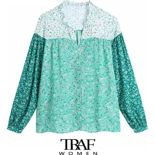 TRAF Za Women Fashion With Covered Buttons Floral Print Blouses Vintage V Neck Long Sleeve Female Shirts Chic Tops