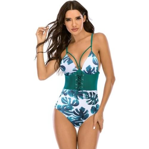 One Piece Swimwear Deep V Sexy Women Bandage Bikini Backless Padded Leaf Printinng Monokini Ruched Bathing Suit Female Swimsuits