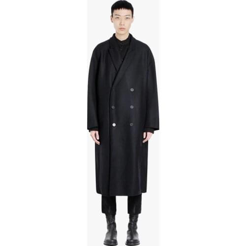 Black loose woolen coat men OVERSIZE drop shoulder double-breasted green fruit collar coat
