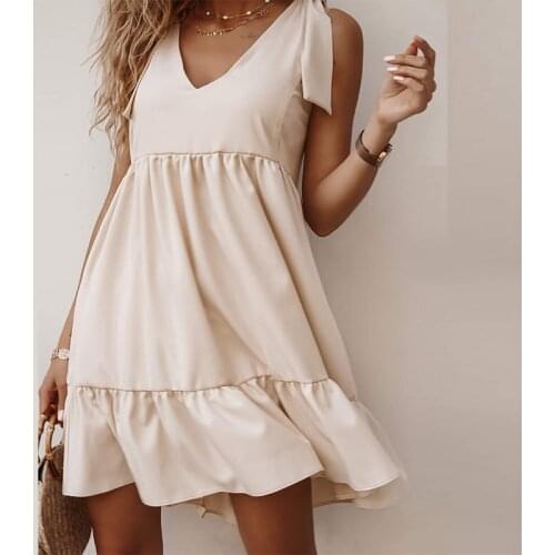 Elegant Lady Tie-up Bow Straps Party Dress New Spring Summer Casual Women Pleated Ruffle Dress Sexy V Neck Hollow Out Mini Dress