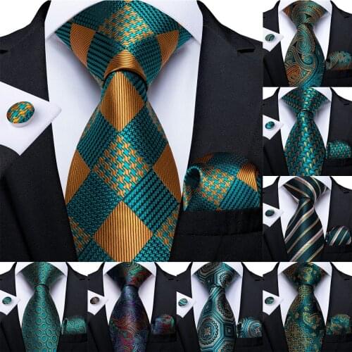 Mens Tie Teal Green Plaid Striped Paisley Silk Wedding Ties For Men Handkerchief Cufflinks Tie Set DiBanGu Designer Necktie