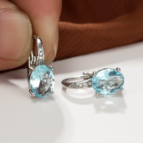 Classic Silver Color Small Oval Stone Drop Earrings Fashion Aqua Blue Zircon Earrings Vintage Bridal Wedding Earrings For Women