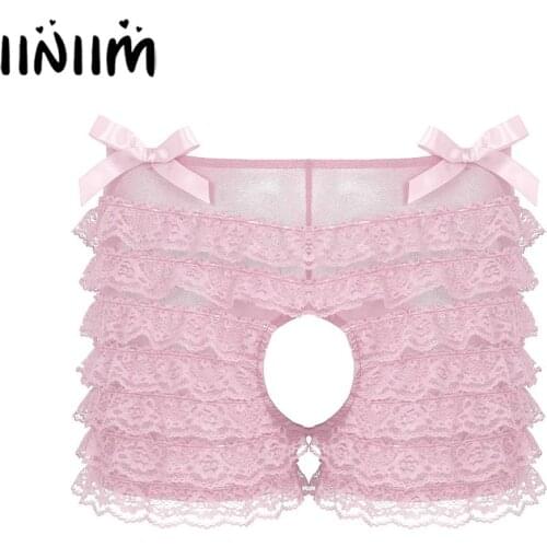 Mens Hot Male Lace Lingerie Gay Pouch Sissy Panties open crotch Crotchless Frilly Ruffled Lace Briefs Fetish Underwear Knickers