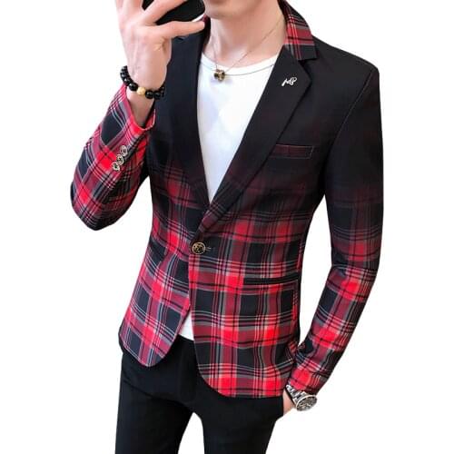 Men Blazer Spring and Autumn 2020 New Fashion Contrast Color Plaid Pattern Suit Splicing Slim Casual Mens Suits Blazers