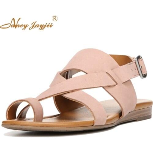 Nancyjayjii New Flat Apricot Sandals 2017 Summer Flip Flop Adobe Rose Genuine Leather Flat Heel Ankle Strap Sandals Women Shoes