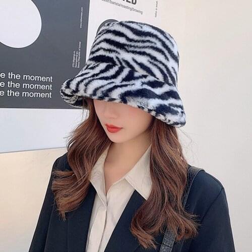 Winter Women Bucket Hat Plush Zebra Stripes Foldable Fisherman Cap Fashion Outdoor Soft Warm UV Protection Sun Hat Panama Caps