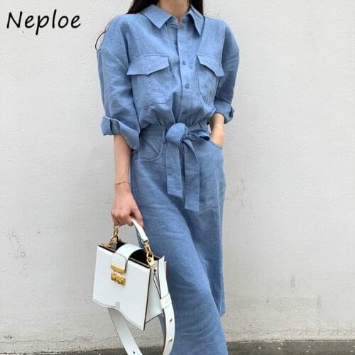 Neploe Shirt Style Drawstring Long Dress Women Chic French Elegant Turn-down Collar Femme Dresses Autumn Simple Soft Vestidos