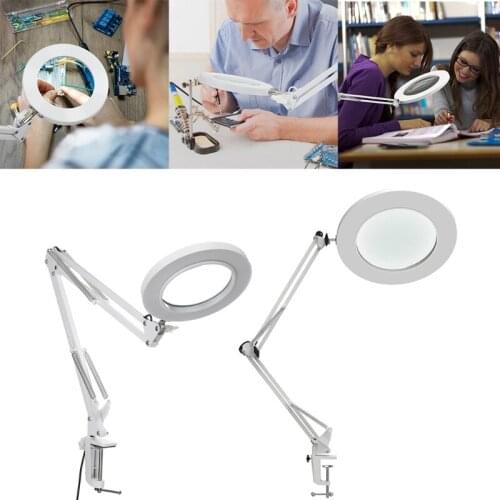 QX2C LED Magnifying Lamp Metal Swing Arm Magnifier Lamp - Stepless Dimming 3 Color Modes 5X Magnification Adjustable