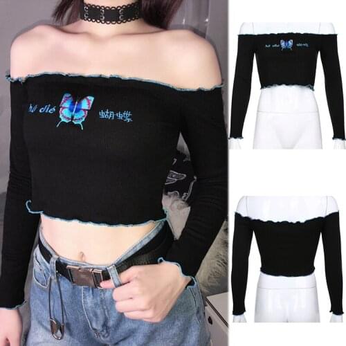 Sexy Off Shoulder Ruffles Knitted Butterfly Embroidery Black T-Shirt Women Autumn Long Sleeve Stretch Crop Tops