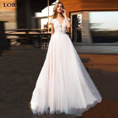 LORIE Beach Wedding Dress Lace Cap Sleeve Lace Appliques Tulle Long Princess Vintage Bridal Dress 2020 Train Wedding Gown