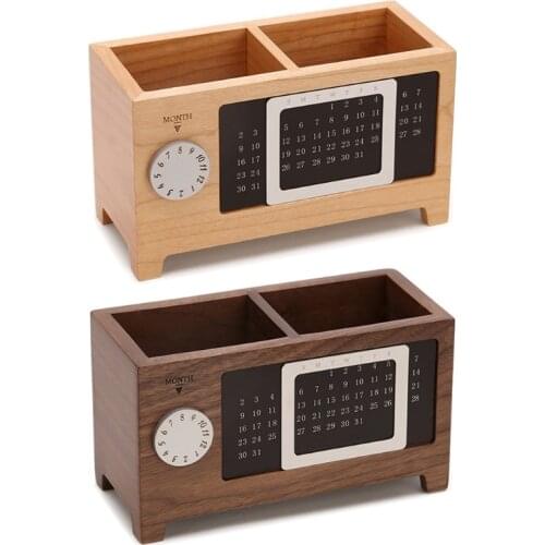 Solid Wood Calendar Pen Holder Multifunctional Desktop Office Organizer Stationery Pencil Storage Box for Office Home 96BA