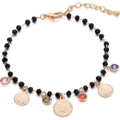Bohemia Coins Bracelet Colorful CZ Zircon Crystal Beaded Chain Round Queen Portrait Charm Bracelets for Women New Trendy Jewelry