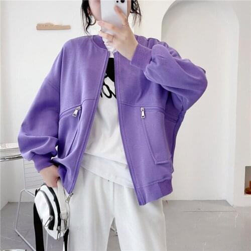 2021 New Arrival Zipper All-Match Casual Jacket Women Loose Short Baseball Uniform Ladies Spring Autumn Cotton Coat