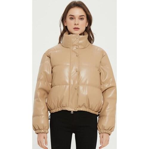 Women 2021 New Fashion Faux Leather Padded Jacket Thick Warm Parka Ladies Coat Vintage Long Sleeve Female Outerwear Chic Tops