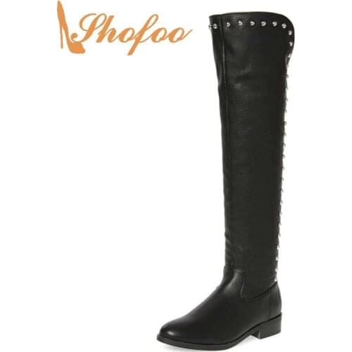 Rivet Black Solid Vegan Woman Knee-High Boots Zipper Winter Chunky Heels Round Toe Novelty Mature 2021 Large Size 11 16 Fashion