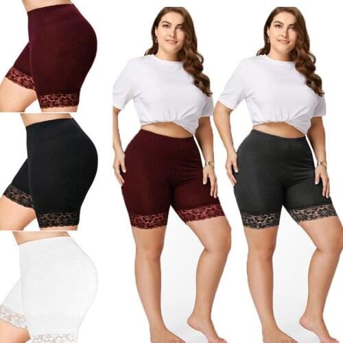 Plus Size Womens Yoga Shorts Solid Color High Waist Hollow Lace Leggings Elastic Casual Sports Shorts Safety Short Pants