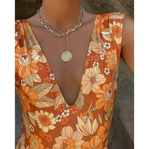 Za 2021 Fashion Summer Women Swimwears Chic Orange Floral Print Deep V Neck Backless One-Piece Swimsuit Elegant Women Swim Suit