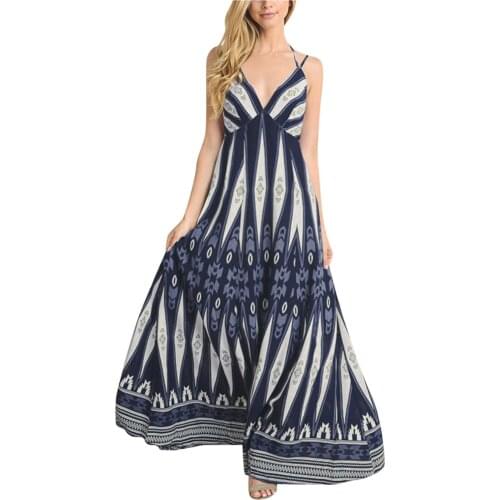 Dress Womens V-neck Drawstring Dresses Vintage Print Empire Long Dress Floor-length A-line Spaghetti Strap Платья Для Женщин
