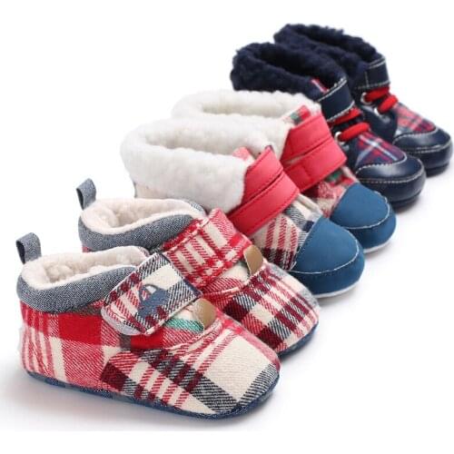 Winter 0-1 baby boy plaid plus velvet non-slip soft bottom baby toddler shoes