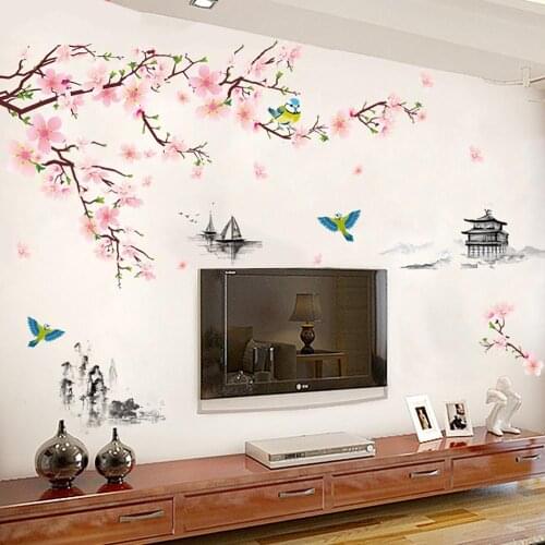 1pc Wall Sticker Best Peach Cherry Blossom Flower Butterfly Mural Wall Decal Sticker Floral Art Family bedroom decoration c50