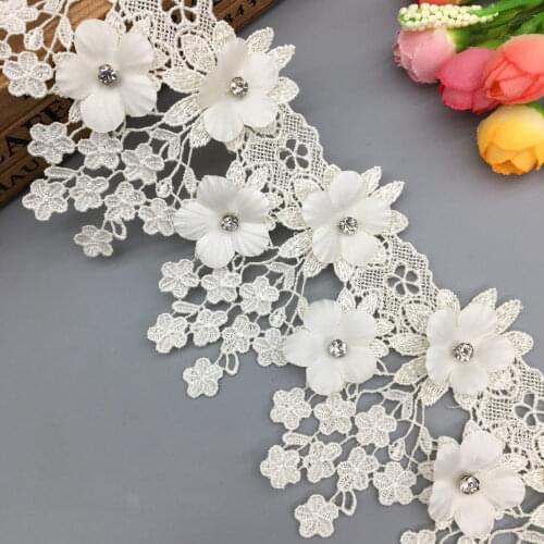 1 Yard Apricot 3D Flower Diamond Tassel Lace Trim Fabric Ribbon Embroidered Applique Sewing Craft Wedding Dress Clothes 9cm