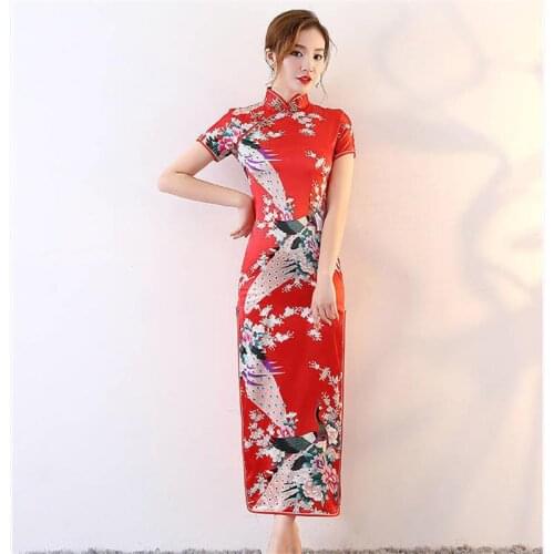 Satin Cheongsam Qipao For Women Chinese Traditional Dress Short Sleeve Oriental Style Party Dresses Wedding Gown Plus Size
