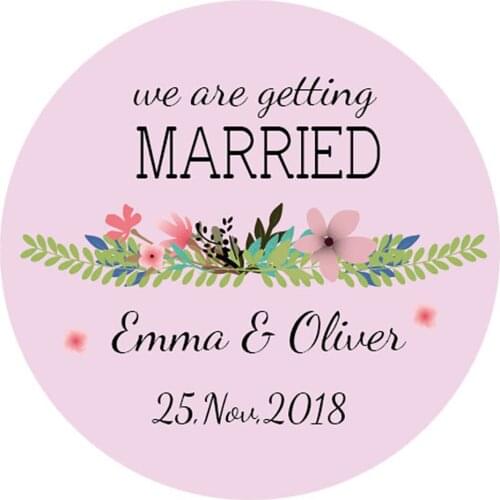 DouxArt 100 Pieces Custom Personalized, Wedding Stickers Getting Married, 40mm Flowers Wedding Favors Candy Gift Box Labels P024