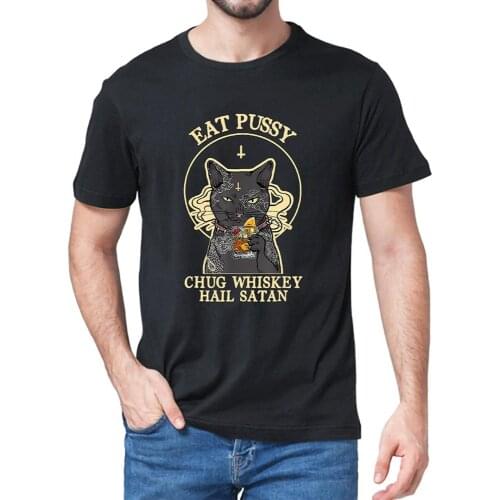 Unisex 100% Cotton Black Cat Eat Pussy Chug Whiskey Hail Satan Vintage Mens Short Sleeve T-Shirt Women Funny Soft Top Tee Gift