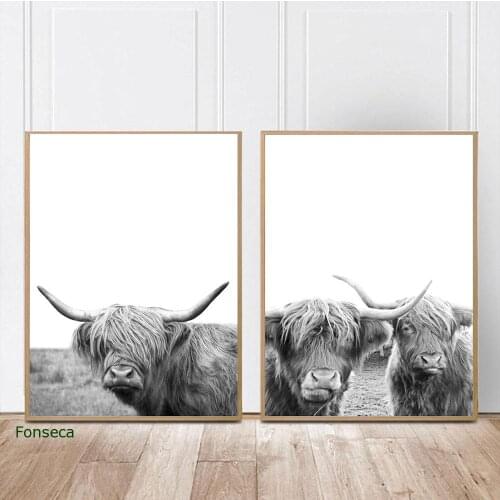 Highland Black Cattle Posters and Prints Black White Canvas Painting Wall Art Cow Pictures For Living Room Art Home Decoration