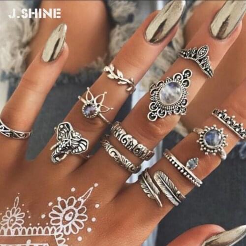 JShine 12pcs/Set Bohemia Vintage Antique Elephant Leaf Crown Feather Finger Midi Knuckle Rings Set for Women Boho Jewelry