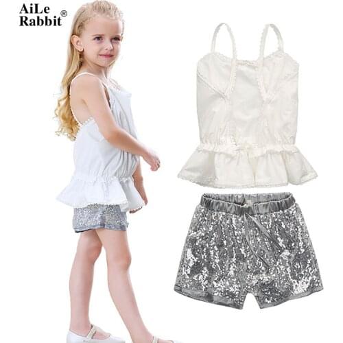 AiLe Rabbit INS Hot Summer Girls Clothes Suit Harness Shorts 2 Pieces Set Sequins Pants Back Hollow Unique Design Brand k1