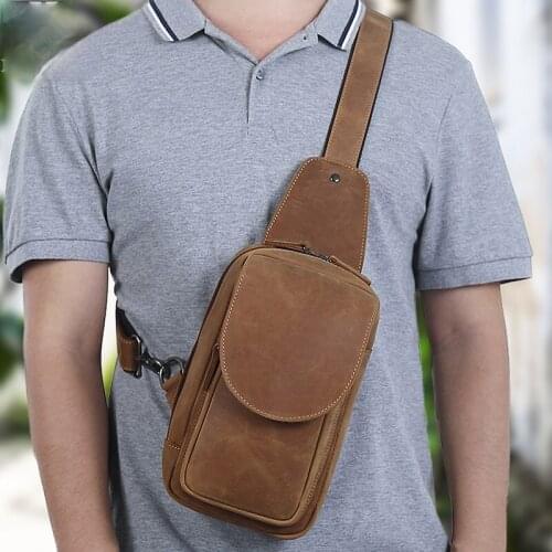 Korean fashion retro leather chest bag mens crazy horse leather messenger bag sports and leisure shoulder bag
