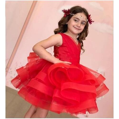 Custom Red Ball Gown Girls Dresses Lace Sequins Organza Princess Puffy Skirt Flower Girl Dress Children Party Pageant Gown