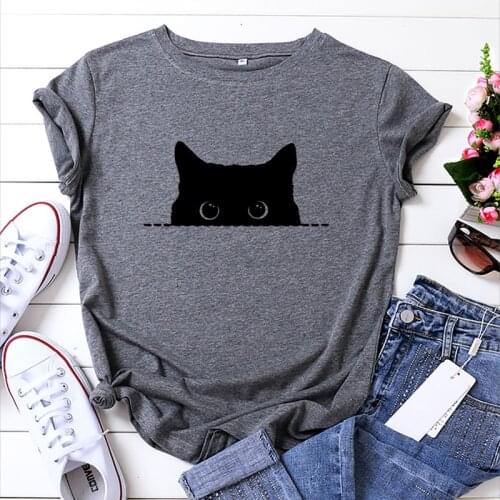 Summer T-shirt Women 100% Cotton Short Sleeve Oversized Black Cat Print Fashion Female Kawaii Casual Shirt Ladies O-Neck Tee Top