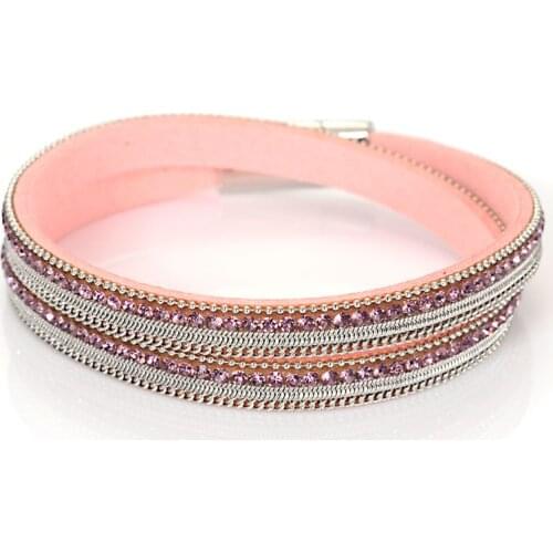 Miasol Narrow Crystal Metal Chain Double Wrap Suede Leather Magnetic Clasp Bracelets For Girl Women Jewelry Gifts