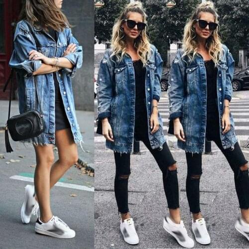 New Womens Basic Coat Holes Baggy Denim Jacket Ladies Long Sleeve Loose Street Style Outwear Fashion Jackets Plus Size