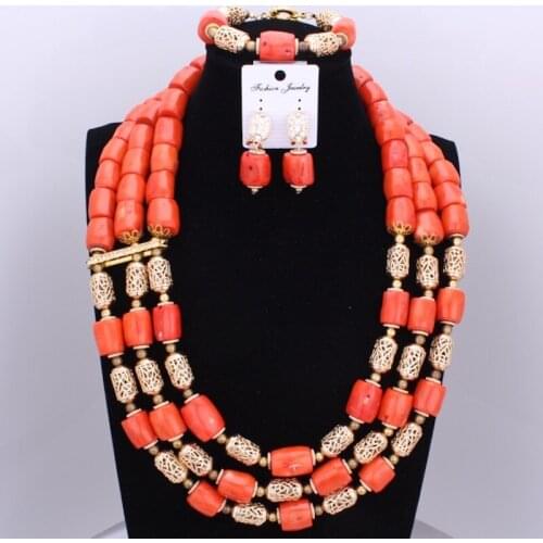 New Orange Big Design Original Coral Jewelry Sets 3 Layers Statement Nigerian Wedding Beads Necklace Jewelry Christmas Set 2017