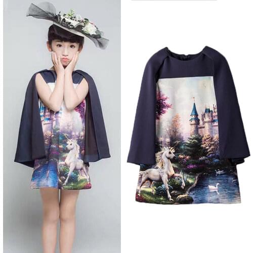 Girls Dress 2020 Autumn winter Girls princess Dress Girls birthday gifts Party Cloak+Dress Unicorn Print Girls Fashion clothes