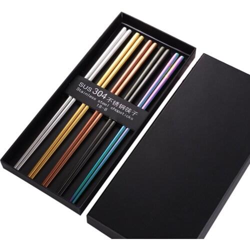 Five Pairs/Set Eco-friendly Stainless Steel Hollow Chopsticks Dinnerware Luxury Metal Chopsticks with Gift Box Chinese Sticks