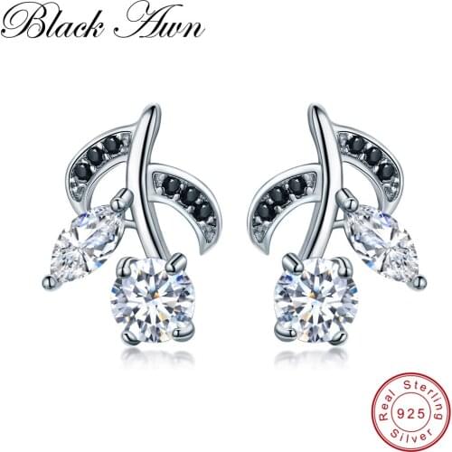 [BLACK AWN] Classic 2.4g 925 Sterling Silver Fine Jewelry Trendy Flower Black Spinel Engagement Earrings for Women T080
