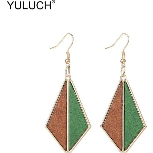 YULUCH Women Ethnic African Geometric Gold Metal Zinc Alloy Setting Brown Green Triangle Wooden Dangle Earrings Fashion Jewelry