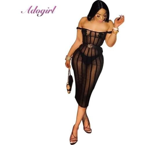 Women Sexy Stripe Sheer Mesh Bodycon Evening Club Dress with Pasties Slash Neck Off Shoulder Sheath Midi Party Summer Dresses