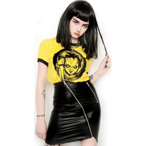 2020 Summer Women Yellow Pink Color Sexy Crop Top T shirt Rock Punk Horror Doll Gothic Bride Of Chucky Demon Death Scary T-shirt