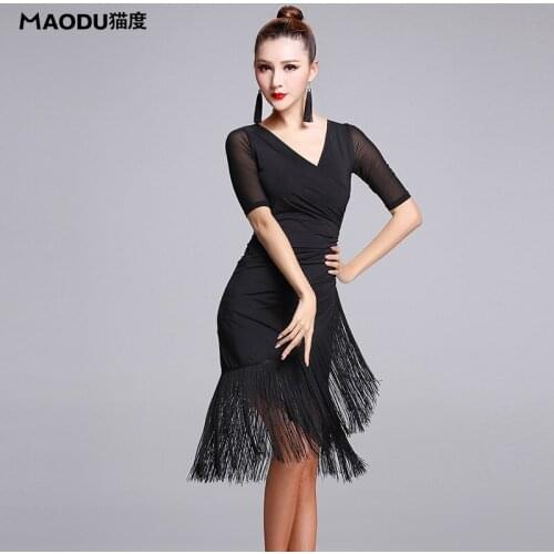 Lady Latin Dance Costumes Female Tassels Dancing Costome Adult V Neck Fragle Rumba Dancing Wear Long and Short Sleeve B-6929